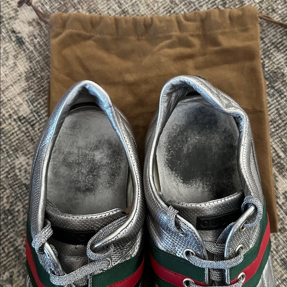 Gucci mens trainers 170576 silver web low top 10G - Picture 7 of 9